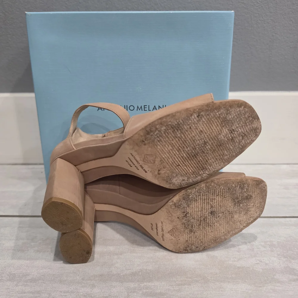ANTONIO MELANI Ehren Blush Nude Modern Taupe Peep-Toe Block Heel Sandals